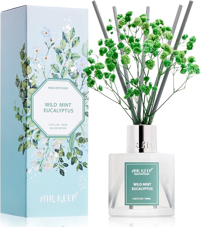 Airkeep Reed Diffuser Set,3.38 fl oz (100 ml) - Wild Mint&Eucalyptus Oil Diffusers with 8 Reed Sticks, Home Fragrance Reed Diffuser for Bathroom Shelf Decor - Bloomnest