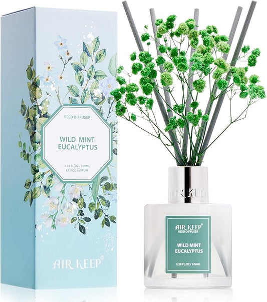 Airkeep Reed Diffuser Set,3.38 fl oz (100 ml) - Wild Mint&Eucalyptus Oil Diffusers with 8 Reed Sticks, Home Fragrance Reed Diffuser for Bathroom Shelf Decor - Bloomnest