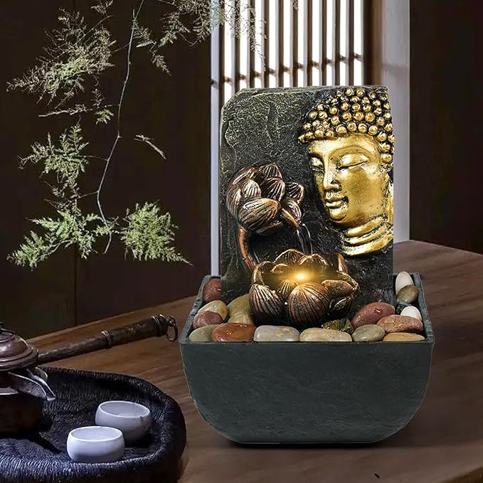 Ferrisland Tabletop Buddha & Lotus Waterfall Fountain with LED Light, Perfect for Zen Home & Office Decor(Gold) - Bloomnest