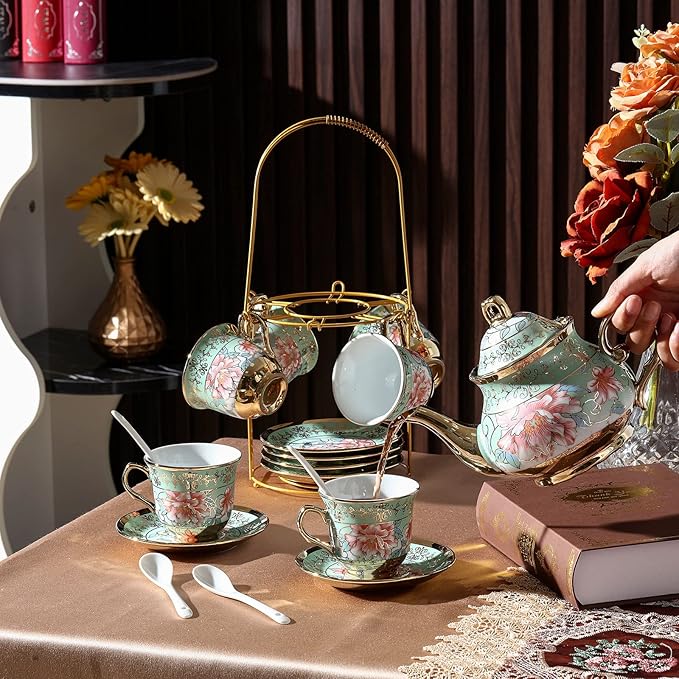 Zhehao 20 Pcs Porcelain Tea Set with Metal Holder and Spoon Adult Ceramic Tea Set European Flower Painting Teapot Cup Saucer Spoon for Women, Large Version(Fresh Style) - Bloomnest