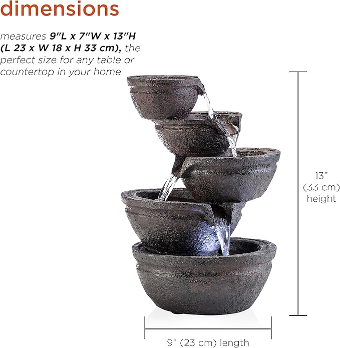 Alpine Corporation WIN1138 13" Indoor Tabletop Tiering Bowls Water Fountain with LED Lights – Cascading Water Feature for Home, Office, Meditation, and Relaxation, Dark Gray - Bloomnest