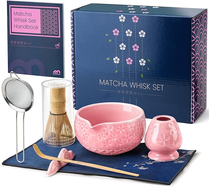 7Pcs Matcha Whisk Set, Ceramic Matcha Bowl with Spout, Bamboo Whisk and Holder,Bamboo Scoop,Scoop Rest,Sifter,Tea Towel, Matcha Kit with Cherry Blossom Carved Patterns for Matcha Lovers (Sakura Pink) - Bloomnest