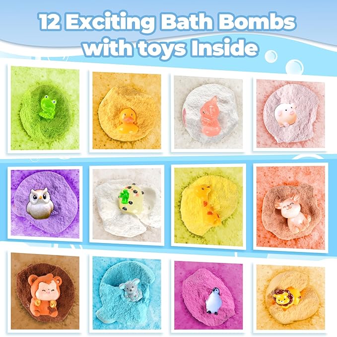 Bath Bombs for Kids with Surprise Toys Inside, 12 Pcs Bubble Bath Fizzy Balls with 12 Animal Shapes, Natural Bath Bombs Easter Christmas Children's Day Gift Set for Kids Girls Boys Toddlers - Bloomnest