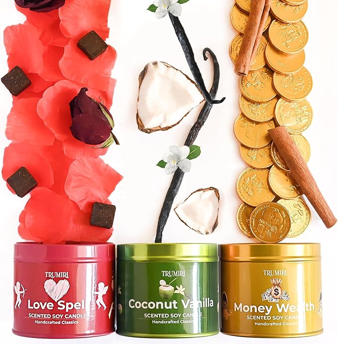 Love Spell, Money Wealth, Coconut Vanilla - Soy Candles Non Toxic - Highly Scented Long Lasting with Essential Oils - Variety Pack of 3 x 5oz - for Home Aromatherapy Meditation Gift Travel TRUMIRI