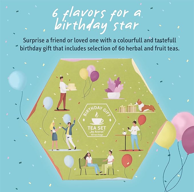 ACORUS | Birthday Gift Tea Set | Natural Tea Hamper Box Gift Set of 6 Flavors | Thoughtful Present for Birthday | Large Selection Box | Tea Gift Sets | 60 Herbal and Fruit Tea Bags Variety Pack - Bloomnest