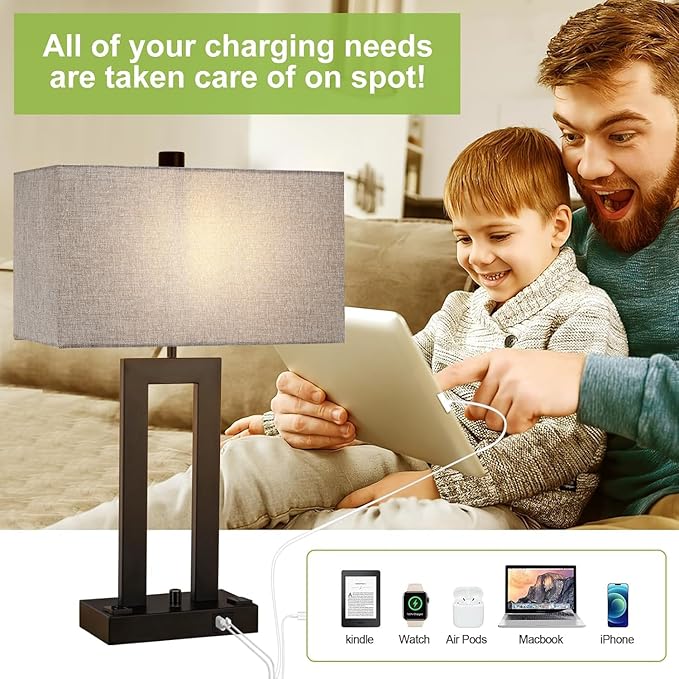 Modern Table Lamps Set of 2-22" Tall Bedside Lamps with USB-C/USB-A Charge Ports & Outlet, Stepless Dimmable Fabric Gray Shade Nightstand Lamps for Bedroom & Living Room - Bloomnest