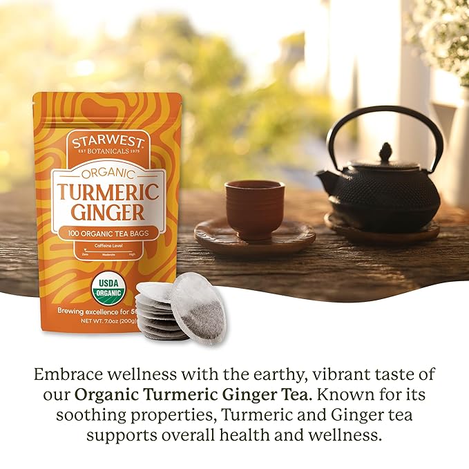 Starwest Botanicals Organic Turmeric Ginger Tea - Caffeine Free Herbal Tea with Turmeric, Cinnamon, & Ginger, Tea with Antioxidant Properties, String Free Sachets, Non GMO - Bulk Pack, 100 Tea Bags - Bloomnest