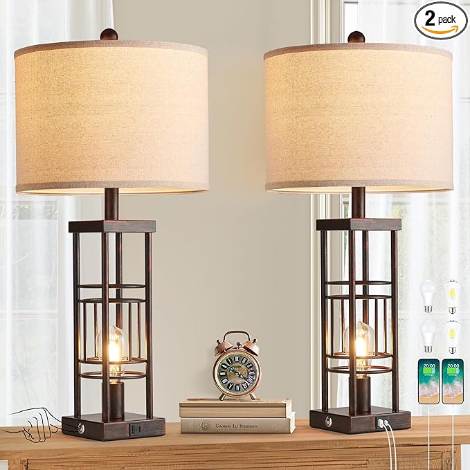 Table Lamp for Living Room Set of 2 with USB Charging Ports, 3-Way Dimmable 27.6" Farmhouse Lamps for Bedroom, Rustic Bedside Lamp, Industrial Nightstand Lamps,Bulbs Included - Bloomnest
