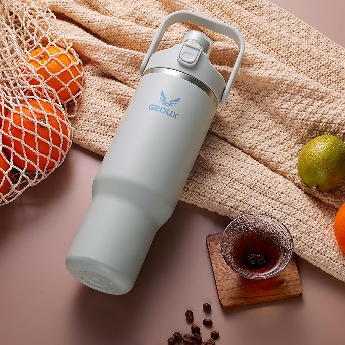 32 oz Stainless Steel Tumbler with Handle and Straw, Vacuum Insulated Water Bottle with 2-in-1 Lid (Chug/Straw) and Silicone Boot，Keeps Drinks Hot and Cold - Bloomnest