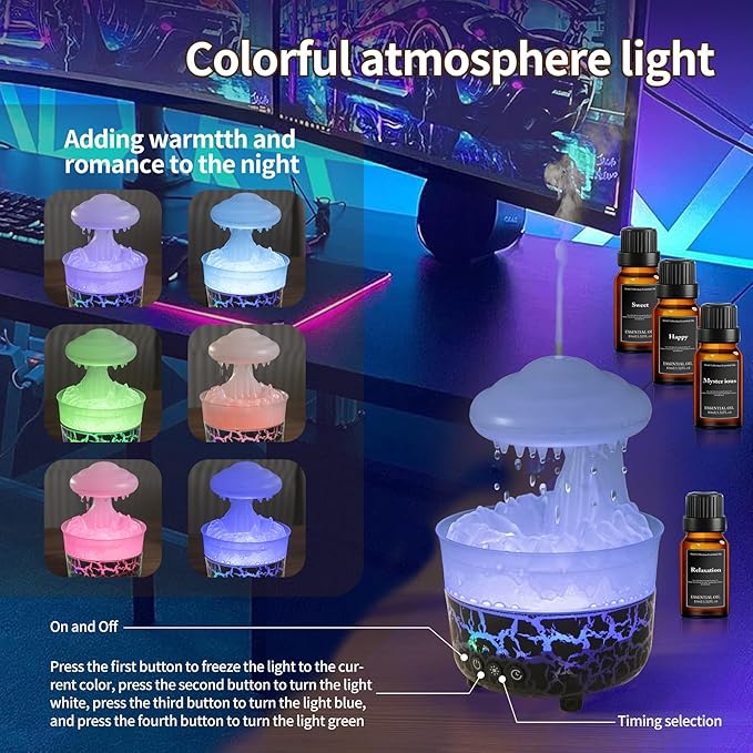 BOHOFAM Aroma Essential Oil Diffuser,Rain Cloud humidifier Simultaneously Water Drip and Air Mist,Rain Diffuser with 4 Hotel Collection Essential Oils for Home,Bedroom,Colorful Light(Black) - Bloomnest