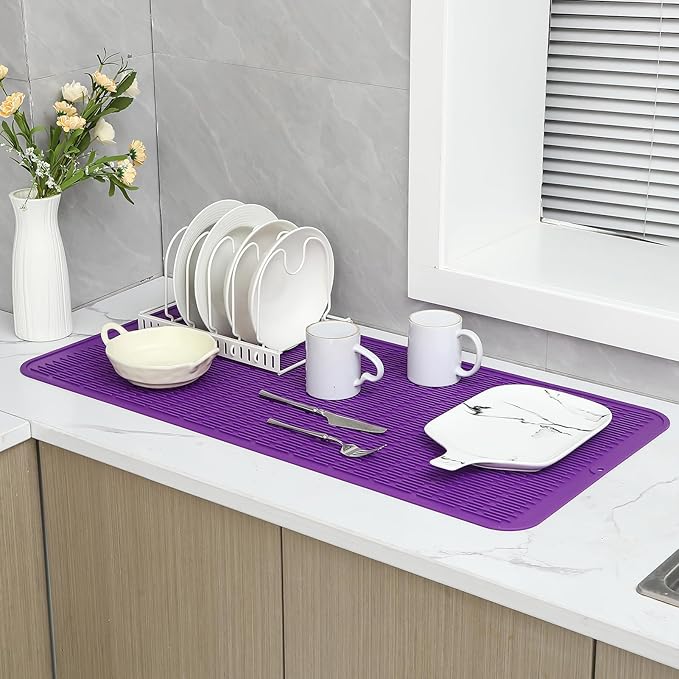 Silicone Dish Drying Mat for Multiple Usage,Easy clean,Eco-friendly,Heat-resistant Silicone Mat for Kitchen Counter or Sink,Refrigerator or Drawer Liner Purple 5XL 36inches x 18inches - Bloomnest