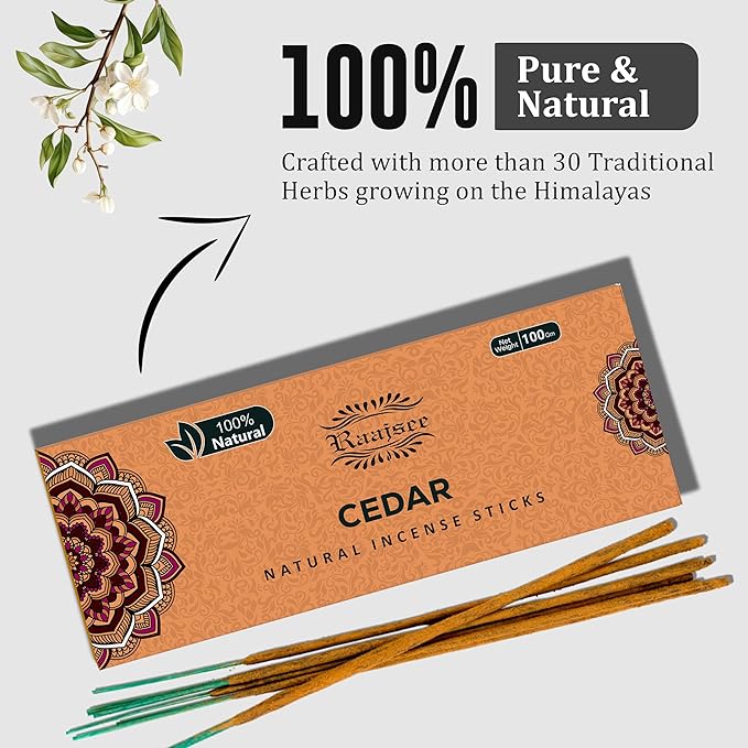 Raajsee Cedar Incense Sticks, 100%-Natural Charcoal Free Organic Non Toxic Clean Burning Handmade Insence Sticks 100 gm Pack, Meditation Gifts – Spritual Cleansing RAAJSEE