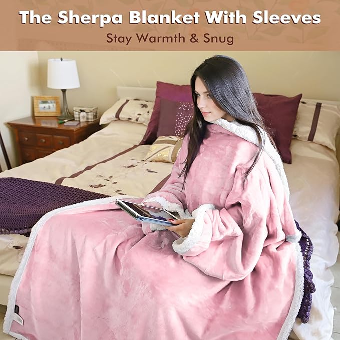 Tirrinia Sherpa Wearable Blanket With Sleeves, Full Body Throw Reading Wrap TV Blankets - Bloomnest