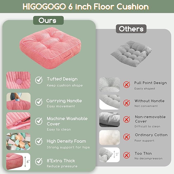 6" Washable Floor Pillow Cushion for Adults, Meditation Cushion Pillow, Large Square Floor Sitting, Removable Tufted Corduroy Cover, for Tatami Living Room or Yoga, 22x22 Inch, 2Pack, Machine Washable - Bloomnest