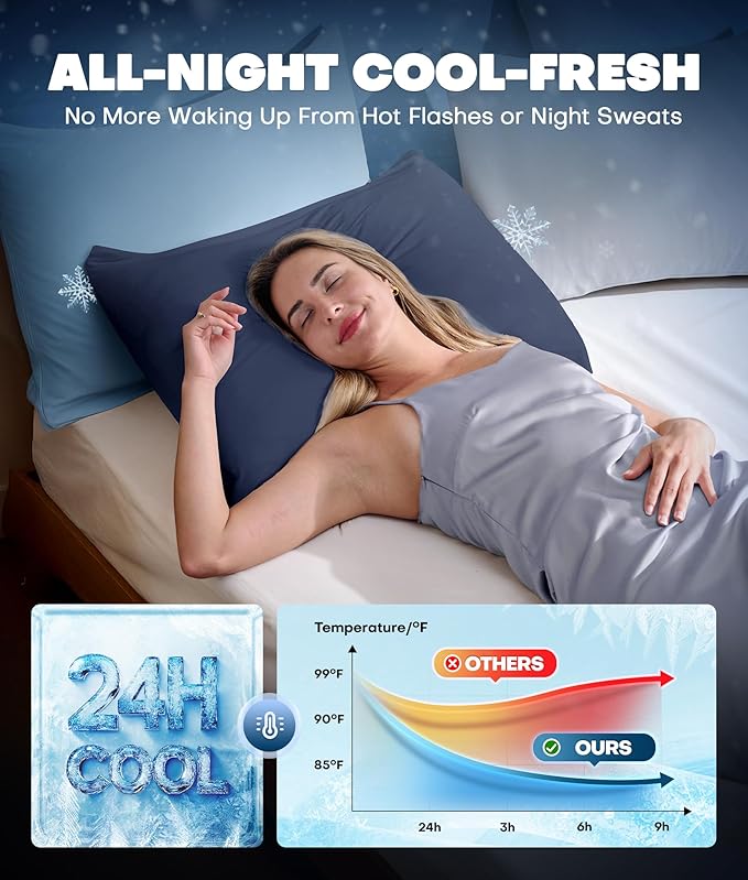 Ultra-Chill Cooling Pillowcase Set of 2 for Hot Sleepers, Softer Than Silk Pillow Cases for Protecting Hair & Skin, Breathable Bed Pillow Covers w/Zipper, Gifts for Women Men (Navy Blue, Queen) - Bloomnest