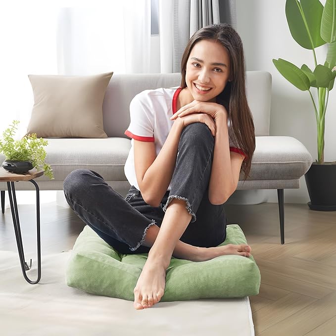 Meditation Floor Pillow Set of 2, Square Large Pillows Seating for Adults, Tufted Corduroy Cushion for Living Room Tatami, Green 22x22 Inch - Bloomnest
