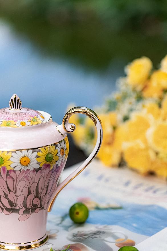 Aynsley Corset Daisy 9-Piece Tea Set with Pink Teapot & Fine Bone China Tea Cups and Saucer Set, English Floral Design with Gold Trim, Luxury Gift - Bloomnest