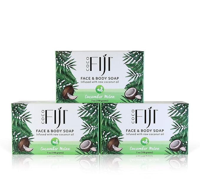 "Coco Fiji Soap Bar for Face and Body Infused With Organic Coconut Oil, Cucumber Melon, Essential Oil, Natural Soap for Moisturizing & Pore Purifying Skin, 7 oz, Pack Of 3 "