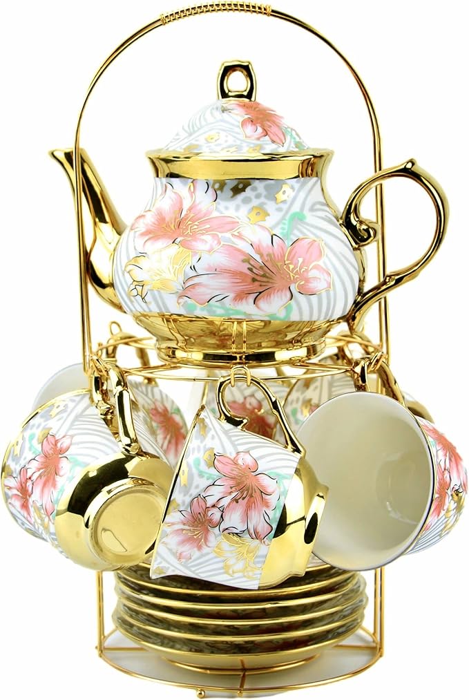 20 Pieces Porcelain Tea Set With Metal Holder, European Ceramic tea set for adults,Flower Tea Set,Tea Set For Women With Flower Painting (Large version, White) - Bloomnest