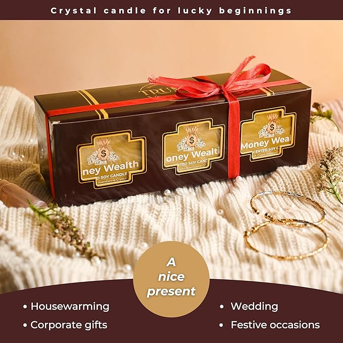 Money Wealth - Crystal Candles for Home Scented - Pack of 3 x 5oz Soy Wax Natural Clean Organic Non Toxic with Essential Oils - for Cash Luck Manifestation - Long Lasting Candel TRUMIRI