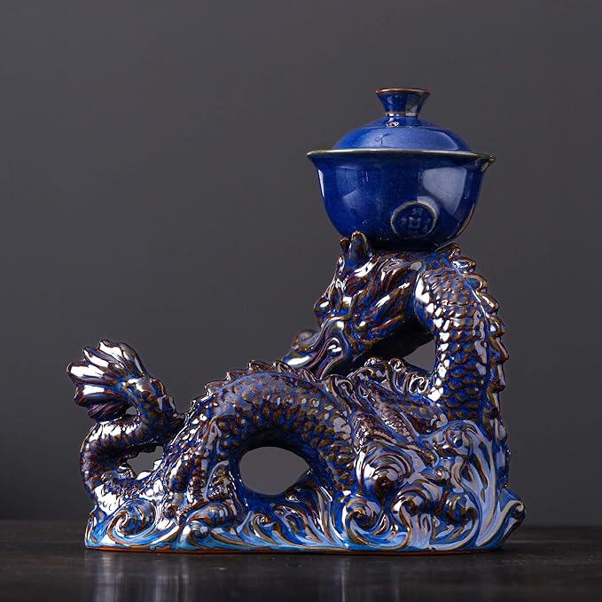 Semi Automatic Tea Set Ceramic Teapot with Infuser Magic Teapot with 8 cups Gradient Color (Dark Blue Dragon-C) - Bloomnest