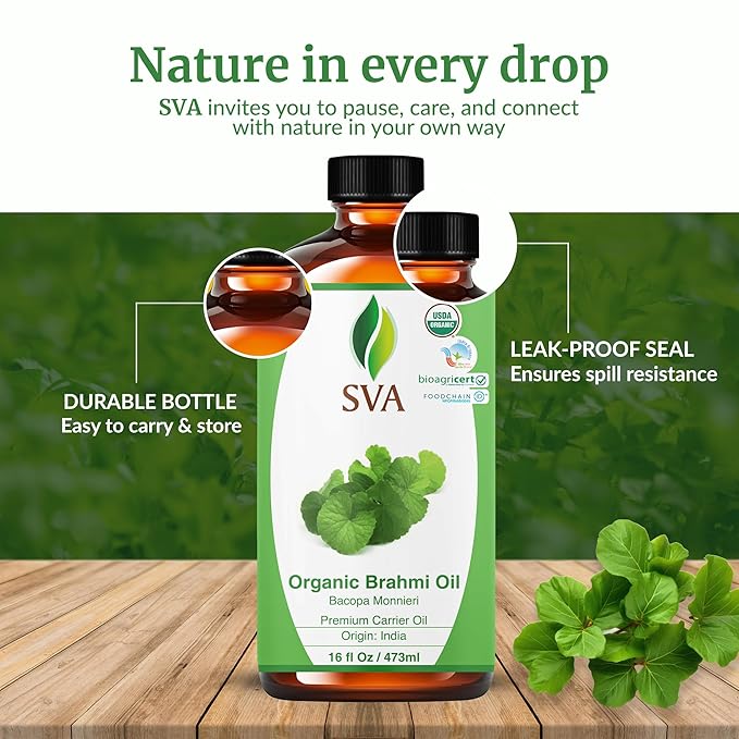 SVA Brahmi Oil Organic - 16 Fl Oz – 100% Natural Cold Pressed Organic Brahmi- for Face, Skin Care, Hair Care, Scalp Massage & Body Massage – Carrier Oil - Bloomnest