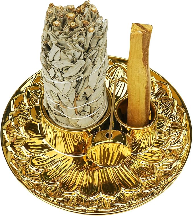 4 in 1 Incense Holder, Ceramic Incense Stick and Palo Santo Holder,Sage Holder for Burning- 5.5" Ceramic Ash Catcher Tray for Meditation and Yoga Room (Golden) - Bloomnest