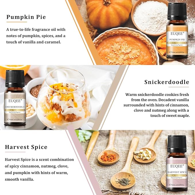 EUQEE 6PCS Spice Autumn Fragrance Oil Set, Scented Oils for Candle Making, Diffusers Aromatherapy Halloween Fragrance Oils for Diffuser & DIY Candles-Sandalwood, Harvest Spice, Bay Rum, Snickerdoodle EUQEE