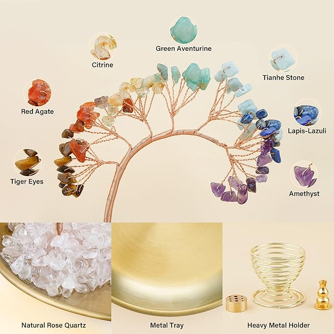 ZenBless 7 Chakra Healing Crystal Tree Incense Holder Palo Santo Sage Burner Brass Ash Catcher for Incense Sticks Coil Cones Yoga Meditation Zen Spiritual Room Home Decoration (Round) - Bloomnest