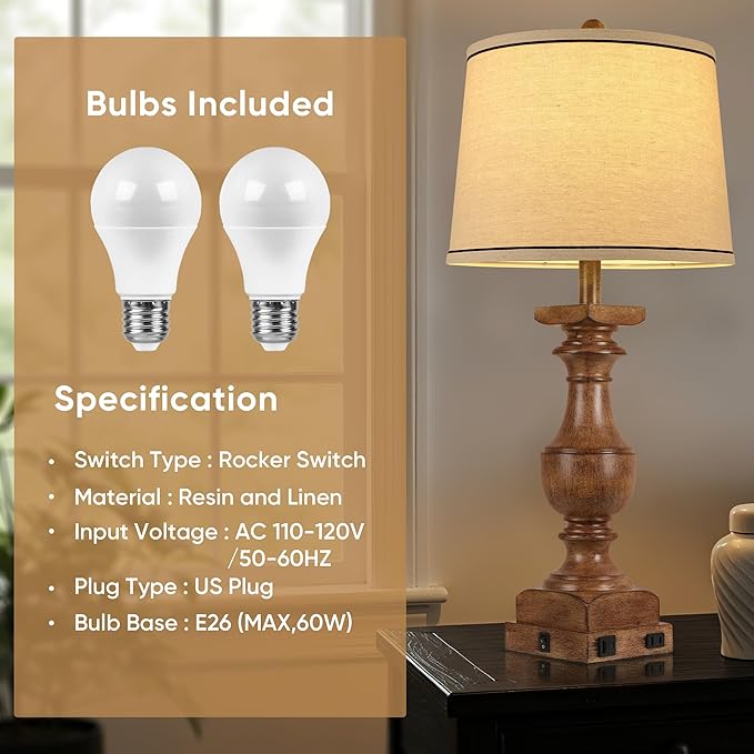 WIHTU Wood Grain Color Table Lamps, 28'' Resin Desk Lamp for Bedroom, Nightstand Lamps Set of 2, Farmhouse Bedside Lamps with Linen Shades, Rocker Switch, Table Lamps with USB A+C Port, Bulb Included - Bloomnest