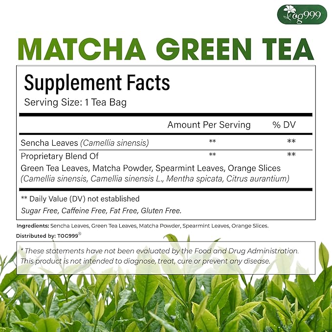 TOG999, Premium Matcha Green Tea Bags | 120 Count | Blend of Sencha, Green Tea, Spearmint & Orange Slices – Refreshing Flavor, Naturally Vibrant, No Gluten. Vegan. - Bloomnest