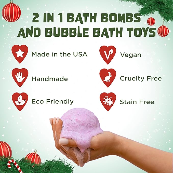 Christmas Bath Bombs for Kids with Surprise Toys Inside (6 Pack) - Holiday Gifts and Stocking Stuffers for Boys and Girls - Bubble Treats with Cheerful Scents, USA Made by Two Sisters - Bloomnest