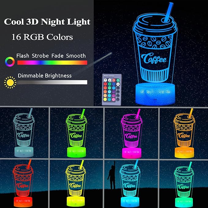 Coffee Gift, Coffee Cup Decor, 3D Illusion Night Light Lamp, 16 Colors Changing, Remote Control, Dimmable, Cafe Shop Room Decoration - Bloomnest