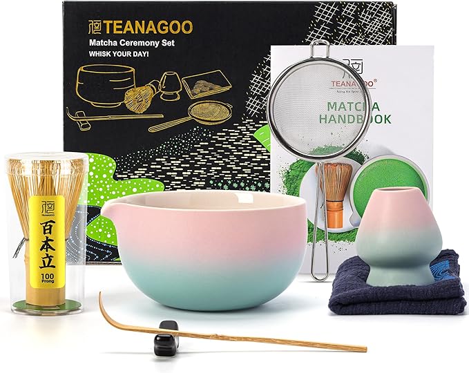 TEANAGOO Matcha Whisk Set Pink,Ceremony Matcha Set Kit Grident Pink,Matcha Tea Set for Making Breakfast/Latte,7 Pcs Matcha Whisk Set and Bowl with All Accessories,Gift for Family/Friend - Bloomnest