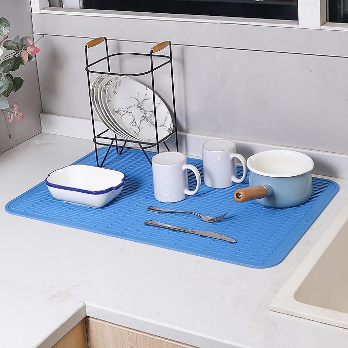 Silicone Dish Drying Mat for Multiple Usage,Easy clean,Eco-friendly,Heat-resistant Silicone Mat for Kitchen Counter or Sink,Refrigerator or Drawer Liner Lichen BlueL 3XL 28 inches x 18 inches - Bloomnest