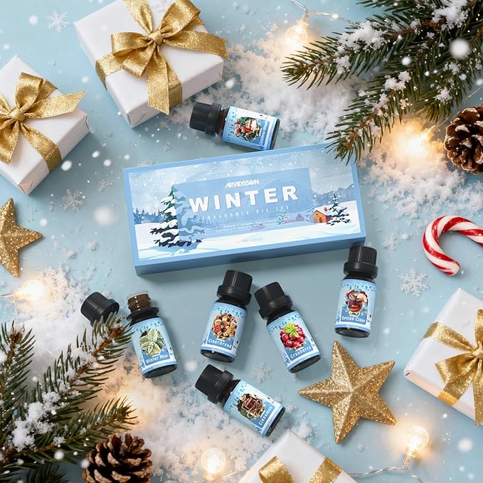 Winter Essential Oils Set, ARVIDSSON Holiday Fragrance Oil for Diffuser, Cinnamon, Christmas Wreath, Apple Cider, Gingerbread, Cranberry, Winter Mint Scented Oils for Home - Bloomnest