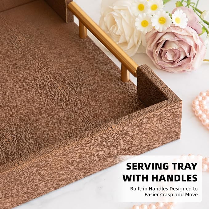 Set of 2 Decorative Tray Brown Shagreen Leather Tray, Modern Rectangle Serving Trays with Gold Polished Metal Handles, Ottoman Coffee Table Perfume Kitchen Trays Home Decor - Bloomnest