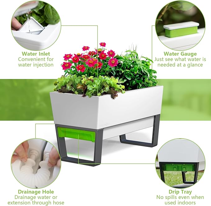 Glowpear Self Watering Planter Box - 29.5", White - UV Stable, Scalable Urban Raised Garden Bed with Water Gauge, Indoor Outdoor for Vegetables, Flowers, Herbs, and Succulents, Gardening - Bloomnest
