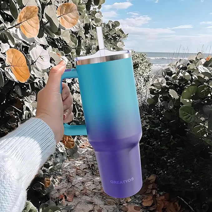 40 oz Tumbler with Handle and Straw Lid Insulated Tumblers Cups with Lids Straws Double Wall Vacuum Stainless Steel 40oz Tumbler Travel Mug Gifts for Men Women Him Her (Ocean Dream) - Bloomnest