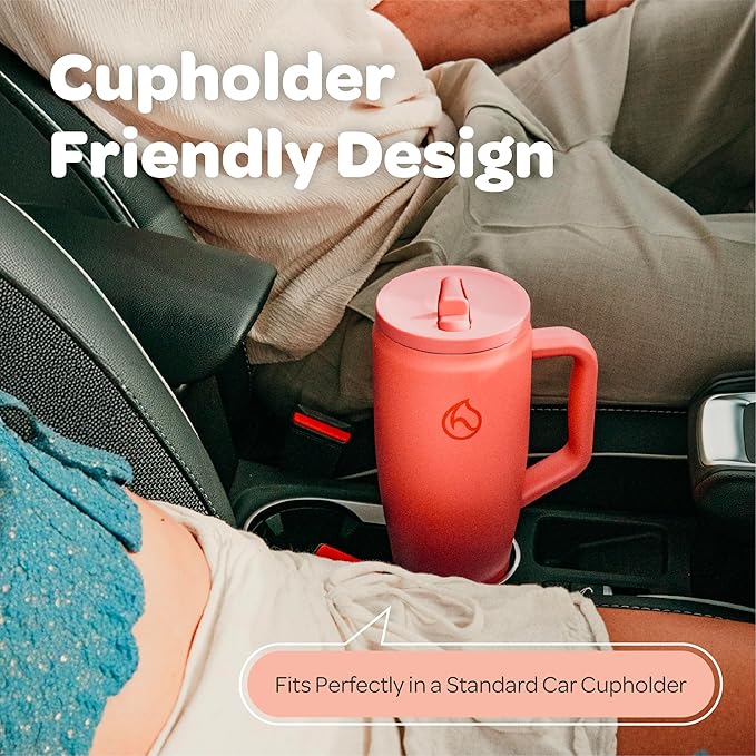 Hydracy 40oz Tumbler with Lid and Straw Stainless Steel Insulated Water Bottle with Handle, Reusable Leakproof Rotatable Lid for Left or Right Hand Use, Cupholder Friendly Rubber Base - Coral Crush - Bloomnest
