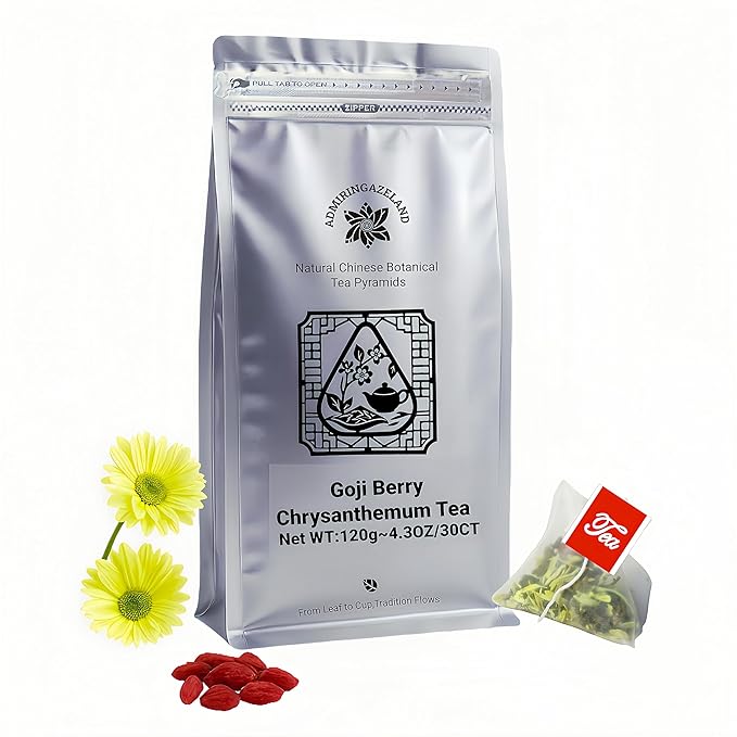 ADMIRINGAZELAND Goji Berry Chrysanthemum Tea Bags, 30 Count - Pyramid Teabags, 6 Ingredients - Dandelion Root, Wolfberry, Cassia Seed, Honeysuckle, Burdock - Chinese Herbal for Office & Home, 5.3 oz - Bloomnest
