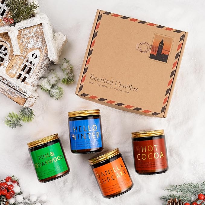 Winter Candle Gift Set, 4 Pack 7 oz Soy Scented Candles for Home, Christmas, Holiday & Birthday Gifts for Women & Men, Includes Hello Winter, Pine & Cedarwood, Hot Cocoa, and Vanilla Cupcake - Bloomnest