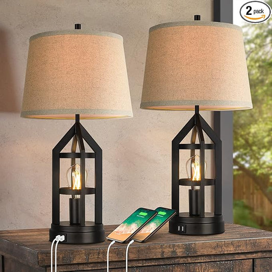 Farmhouse Table Lamps for Living Room Set of 2, 3-Way Dimmable Touch Control Bedside Lamps with 2 USB Charging Ports, Bedroom Reading Lamps for Nightstand, Rustic Home Decor, 4 LED Bulbs Included - Bloomnest