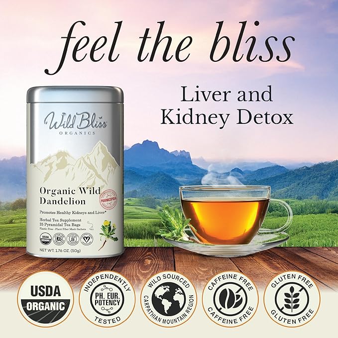 Wild Bliss Organic Wild Raw Dandelion Root Tea - Pharmacopoeia Quality Caffeine Free Herbal Detox Support - 25 Plant Based Tea Bags - Bloomnest