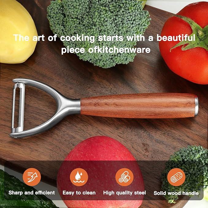 Serrated Blade Premium Y Type 304 Stainless Steel Multifunctional Kitchen Peeler Real Wood Handle Ultra Sharp Blade Vegetable Potato Apple(Aosuan) - Bloomnest