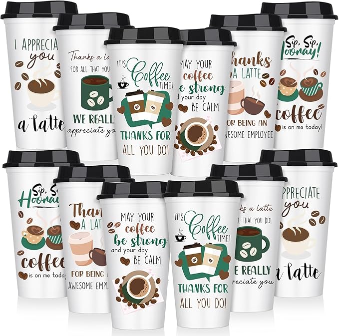 Pickmesh 12 Pack Christmas Reusable Coffee Cups Gift for Women 16 oz Coffee Cup Tumblers with Lid Plastic Cups Travel Mug Thank You Gifts for Hot and Cold Drinks(Thanks) - Bloomnest