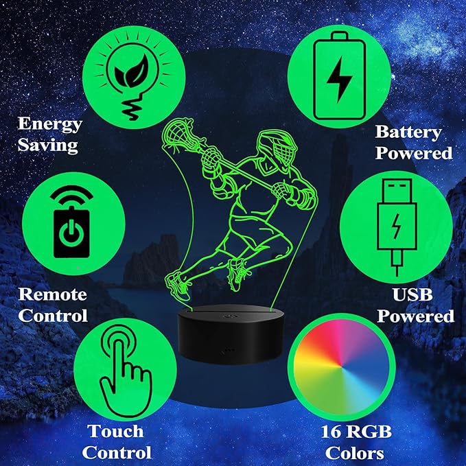 Lacrosse Night Light, Lacrosse Gifts for Boy, 3D Illusion Lamp with Remote Control, 16 Colors Changing, Timer, RGB Flashing Mode and Dimmable, Field Lacrosse Gifts for Men Christmas Decor - Bloomnest