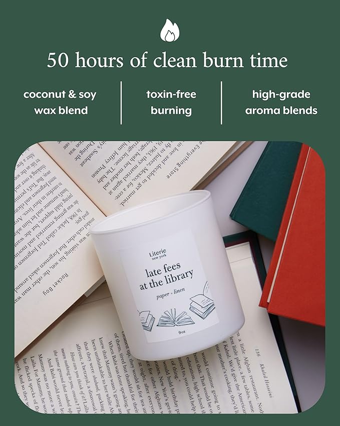 Literie NYC Inspired Scented Candle: Late Fees at The Library - Paper & Linen Scent, 9oz, 50 Hour Burn, Vegan Soy & Coconut Blend Candle for Home Decor, Gift for Women & Men - Bloomnest