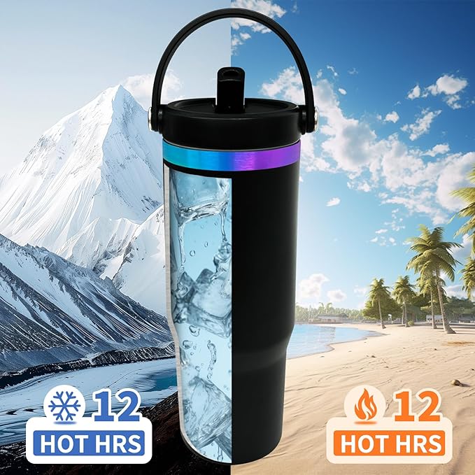 30 oz Tumbler with Handle, Double Wall Vacuum Insulated Tumblers with Flip Straw, Coffee Mug 30oz Powder Coated Cup for Hot and Cold Drinks(Blue Purple Plated, Black,4 pack)