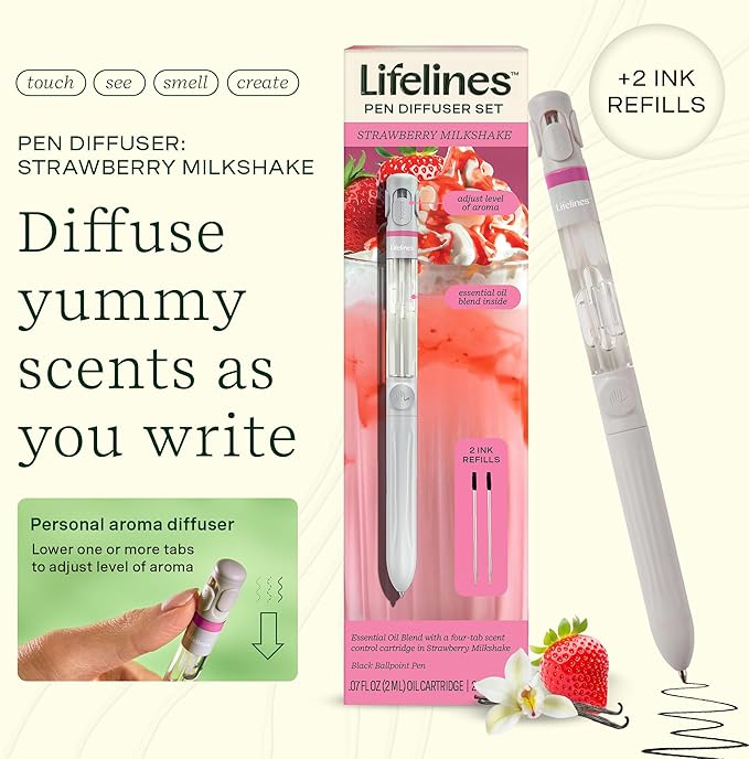 Lifelines Pen Diffuser Set, Strawberry Milkshake - 1mm Black Ballpoint Pen with Scented Essential Oil Blend & 2 Ink Refills – Aromatherapy Diffuser & Sensory Immersion Diffuse Aroma As You Write - Bloomnest